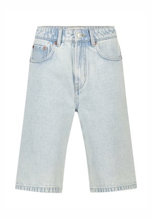 Lichtblauwe denim knielange shorts met voorste knoop, rits, lussen voor riem en ontwerp met vijf zakken.