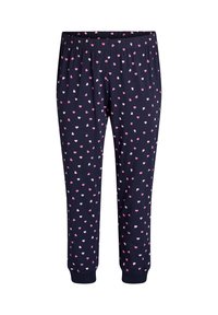Marineblauwe pyjamabroek met een elastische tailleband, voorzien van verspreide roze en witte hartpatronen en geribbelde boorden bij de enkels.