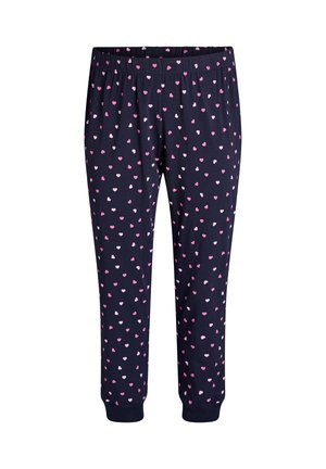 Mornarice pajama hlače z elastičnim pasom, okrašene z raztresenimi roza in belimi srčkami ter rebrastimi manšetami na gležnjih.