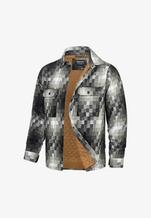 Plaid shirt with a black, white, and gray pixelated pattern; quilted mustard interior; two chest pockets with snap closures.