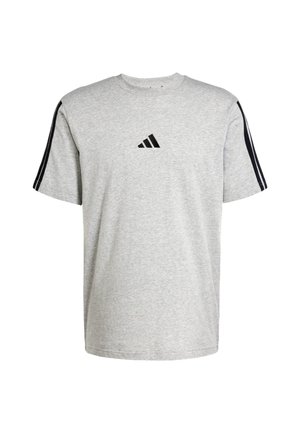Grey cotton T-shirt with short sleeves, featuring a black Adidas logo on the chest and black stripes on the shoulders.
