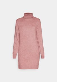 Abito a girocollo lavorato a maglia rosa con maniche lunghe, polsini e orlo a costine; texture morbida con vestibilità rilassata. Nessun motivo o dettaglio presente.