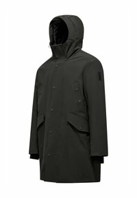 Czarna, wodoodporna parka z wysokim kołnierzem, regulowanym kapturem, napami oraz kieszeniami z przodu. Charakteryzuje się eleganckim, minimalistycznym designem.