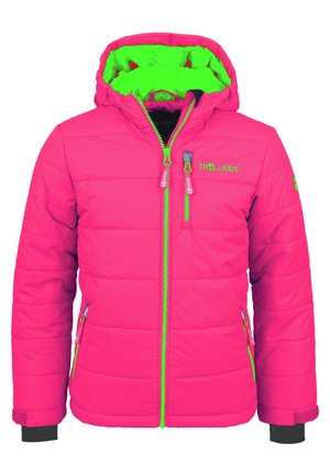 Rosa Pufferjacke mit einem leuchtend grünen Innenfutter und Reißverschlüssen an der Kapuze. Verfügt über Seitentaschen und gerippte Bündchen für eine angenehme Passform. Logo auf der Brust.