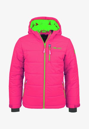 Rosa Pufferjacke mit einem leuchtend grünen Innenfutter und Reißverschlüssen an der Kapuze. Verfügt über Seitentaschen und gerippte Bündchen für eine angenehme Passform. Logo auf der Brust.