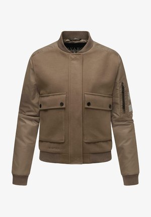 Bruine bomberjack met een wolmix lichaam en nylon mouwen, voorzien van twee voorkruikezakken, ribgebreide manchetten en een ritszak op de arm.