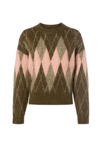 Pull à motif losanges verts et roses, en matière douce, avec un col rond et des manches longues, coupe courte avec tricot texturé.