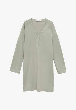 Dolgimi rokavi, svetlo zeleni tunikasti vrh z V-izrezom, tremi gumbi spredaj in sproščenim krojem. Narejen iz mehkega blaga z gladko teksturo.