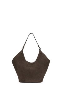 Brązowa zamszowa torba typu tote z szerokim, w kształcie U otwarciem i pojedynczym uchwytem. Miękka tekstura, minimalna ilość elementów metalowych i bezszwowy design.