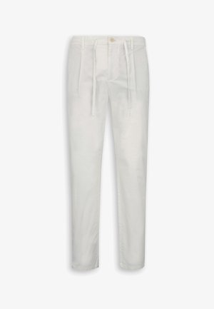 White high-waist tapered trousers with front pleats, button and zip closure, belt loops, and attached fabric drawstrings.