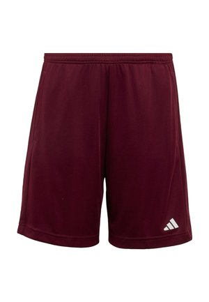 Pantaloncini sportivi color granata con vita elastica e piccolo logo Adidas bianco sulla parte bassa della gamba destra su sfondo bianco.