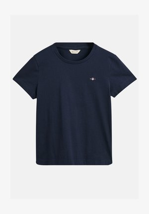 Navyblaue Baumwoll-T-Shirt mit kurzen Ärmeln, Rundhalsausschnitt und kleinem gesticktem Logo auf der Brust. Weiche Textur, klassischer Schnitt.