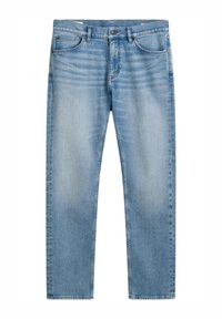 Jean en denim bleu clair avec une coupe droite, deux poches avant et une seule poche arrière. Comprend une fermeture par bouton et des passants de ceinture.