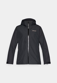 Sort udendørsjakke med hætte, der har en frontlynlås og Berghaus-logoet på brystet, sat mod en ensfarvet hvid baggrund.