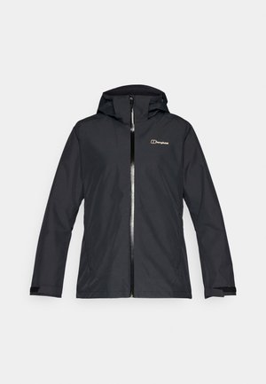 Black outdoor jacket with a hood, featuring a front zipper and the Berghaus logo on the chest, set against a plain white background.