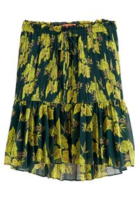 Jupe plissée florale avec un fond vert foncé, ornée de motifs botaniques jaunes et bruns. Taille élastique, détail de volants superposés au niveau de l'ourlet.