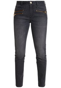 Mörkgrå slim-fit jeans med två horisontella gulddragkedjefickor på varje sida nära midjan och en knäppning högst upp.