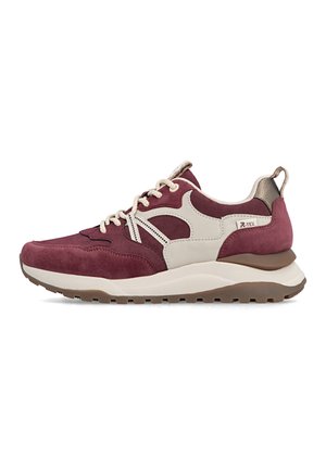 Burgundy and beige sneaker with beige laces, thick white sole, brown tread, and side pull tab, shown in profile on a white background.