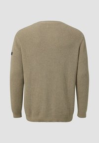 Kaki gestrickter Pullover mit strukturiertem Muster, rundem Ausschnitt und langen Ärmeln. Verfügt über ein kleines Logo-Patch am linken Ärmel.