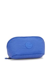 Pochette cosmetica blu con forma arrotondata, texture in tessuto, chiusura con zip e dettaglio del logo circolare sul davanti. Design minimalista.