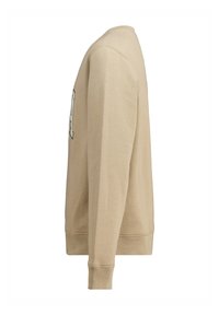 Beige sweatshirt with a crew neckline and long sleeves, featuring a textured fabric and a printed design on the front.