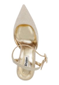 Pointed-toe high heel shoe in metallic gold with textured fabric upper. Features a thin strap and embellishment on the ankle.