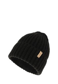 Black knitted beanie hat with ribbed texture and a folded cuff. Features a small rectangular wooden tag with engraved text.