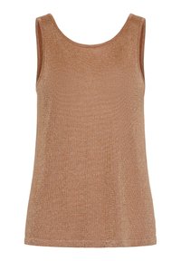 Top senza maniche in bronzo con scollatura arrotondata, realizzato in un materiale lucido e testurizzato; taglio dritto e bordi rifiniti.