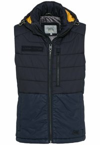 Námořnická prošívaná vesta s vysokým límcem a žlutým interiérem, se zapínáním na přední zip, bočními kapsami a logem na nášivce.