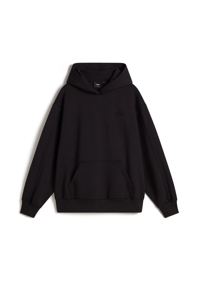 Sudadera negra de mezcla de algodón, con un bolsillo frontal, puños y dobladillo de canalé, capucha ajustable y un branding sutil en el pecho.