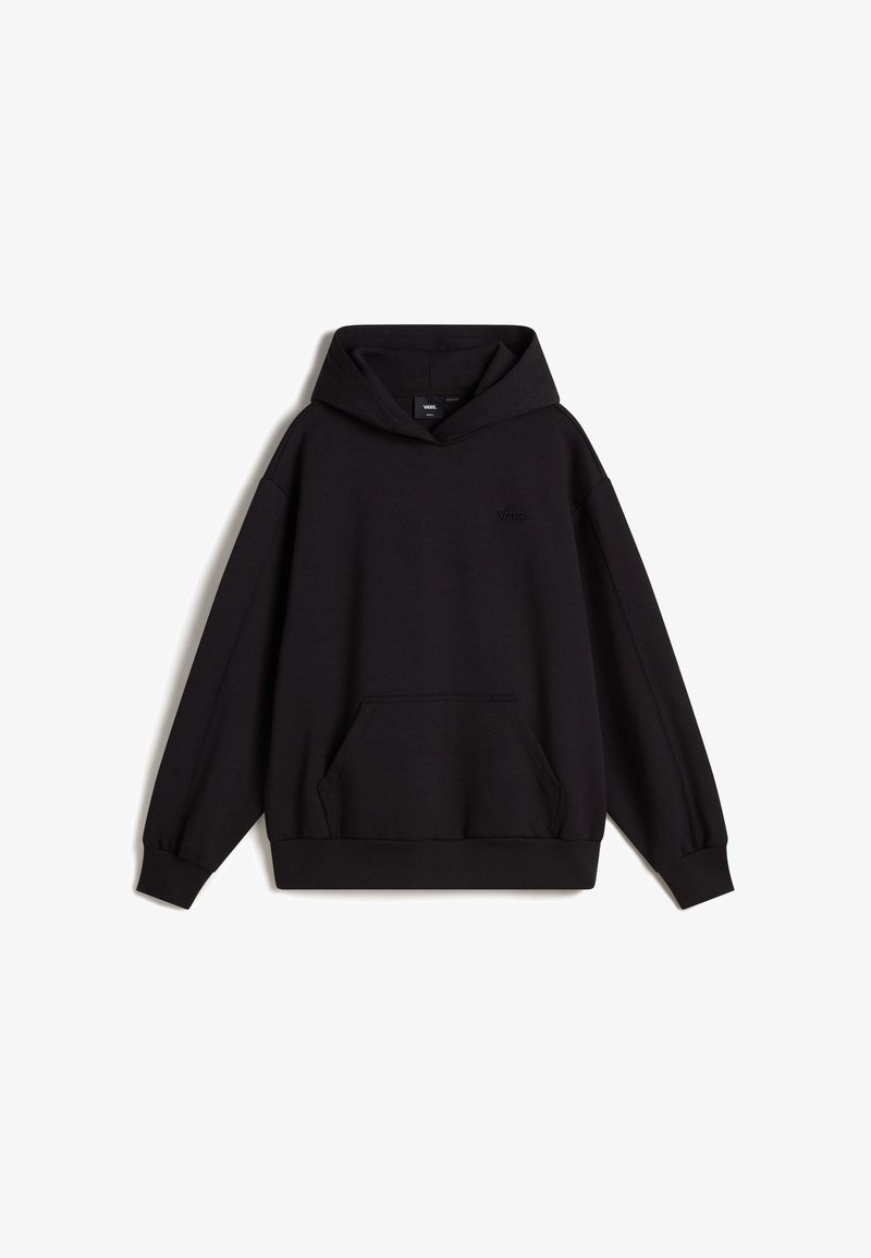 Sudadera negra de mezcla de algodón, con un bolsillo frontal, puños y dobladillo de canalé, capucha ajustable y un branding sutil en el pecho.