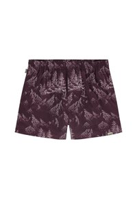 Viininpunaiset uimashortsit, joissa on vaaleammilla sävyillä kuvioitu vuori- ja metsäkuvio, joustava vyötärönauha ja pieni merkkilappu sivussa.