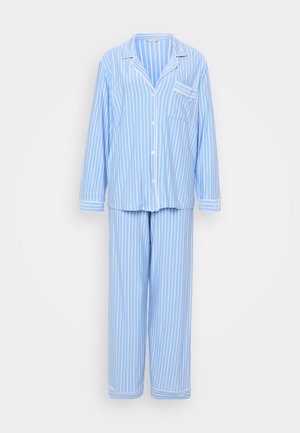 Light blue striped pajama set featuring a button-up long-sleeve top with a chest pocket and matching trousers with elastic waistband.