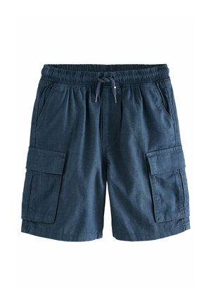 Pantaloni cargo blu navy realizzati in tessuto traspirante, dotati di vita elastica, coulisse e ampie tasche laterali per un utilizzo pratico.