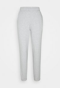 Jasnoszare, dopasowane spodnie dresowe wykonane z miękkiego, elastycznego materiału. Posiadają elastyczną talię i zwężane mankiety przy kostkach. Brak kieszeni.