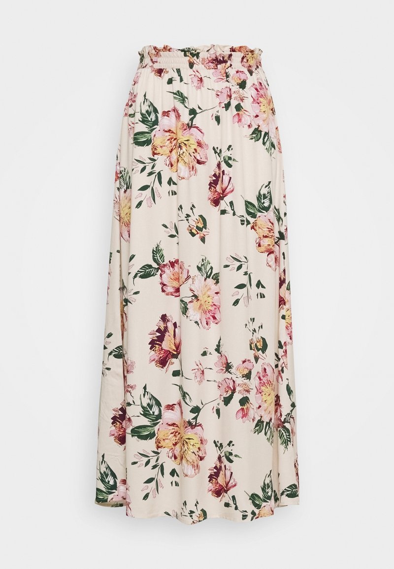 Jupe longue beige avec taille élastique et motif floral rose, jaune et vert.