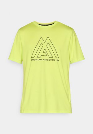 T-shirt de sport jaune néon vif en tissu doux, avec un design graphique noir comportant le texte et le logo "MOUNTAIN ATHLETICS".