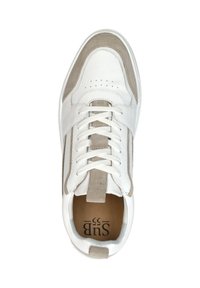 White leather sneaker with gray suede accents, round toe, perforated detailing on the toe box, and flat laces over a padded tongue.