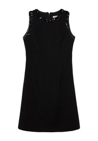 Sort ærmeløs kjole med tætsiddende design, rund halsudskæring med palietdetaljer og en skjult ryglynlås.