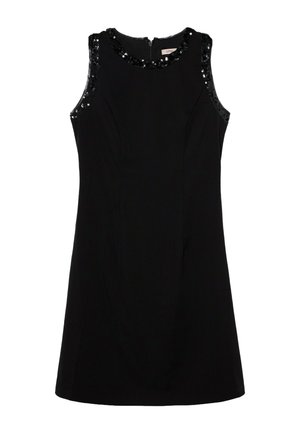 Sort ærmeløs kjole med tætsiddende design, rund halsudskæring med palietdetaljer og en skjult ryglynlås.