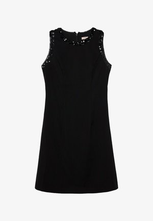 Zwarte mouwloze jurk met een aansluitend ontwerp, ronde halslijn met paillettenaccenten en een verborgen ritssluiting aan de achterkant.