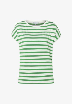Weißes T-Shirt mit kurzen Ärmeln und horizontalen grünen Streifen sowie rundem Ausschnitt, auf weißem Hintergrund dargestellt.