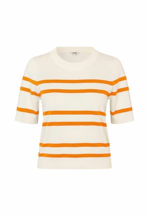Kratka pletena majica s kratkimi rokavi v kremni barvi z oranžnimi horizontalnimi črtami. Ima okroglo ovratnico in rebrasto teksturo. Idealna za vsakodnevno nošenje.
