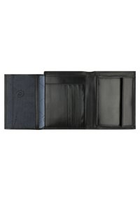 Black leather wallet with a textured interior, featuring multiple card slots, a smooth finish, and a contrasting dark blue fabric lining.