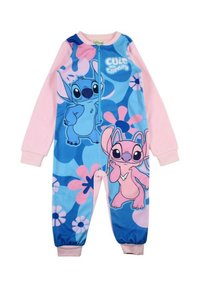 Grenouillère pour enfants bleue et rose avec des personnages de dessin animé et des motifs floraux, fermeture éclair à l'avant et manches longues. Tissu doux.