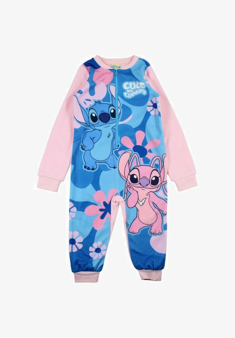 Grenouillère pour enfants bleue et rose avec des personnages de dessin animé et des motifs floraux, fermeture éclair à l'avant et manches longues. Tissu doux.