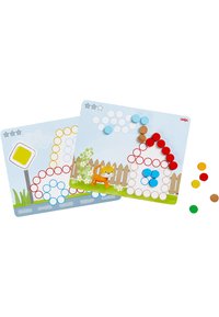Colorful educational game boards feature circular holes for inserting colorful tokens. Depicts scenes with a house, flowers, and a traffic sign.