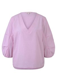 Blusa rosa chiaro, morbida e fluida, con scollatura a V e maniche a sbuffo di lunghezza 3/4, realizzata in un tessuto testurizzato, con un piccolo logo del marchio sull'orlo.