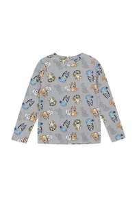 Grijze longsleeve shirt met een all-over print van cartoonhonden in verschillende kleuren en poses, gemaakt van zachte, ademende stof.