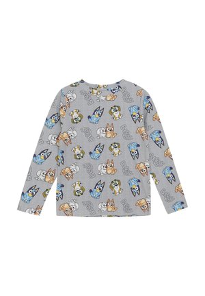 Langärmliges graues Shirt mit einem Rundum-Druck von Cartoon-Hunden in verschiedenen Farben und Posen, aus weichem, atmungsaktivem Stoff.